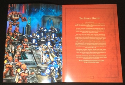 The first page has a nice shot of an example gameplay and has the opening fluff text of all Horus Heresy novels.